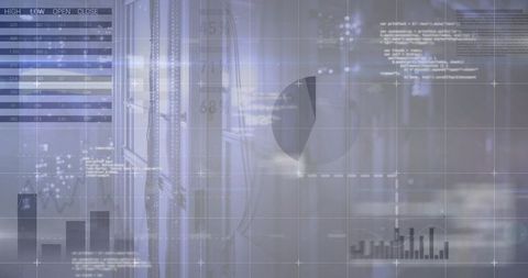 Displaying analytics dashboard overlaying server room racks with charts and data grid