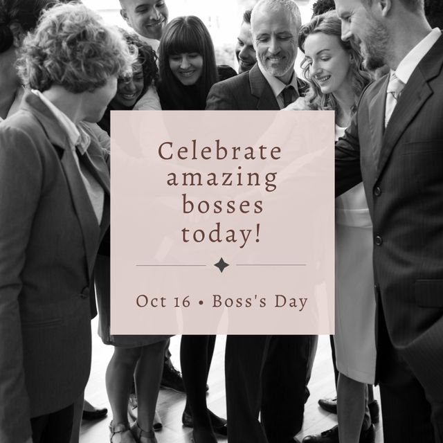 Team members gather around their boss to celebrate Boss's Day on October 16. This visual is perfect for content illustrating employee recognition, corporate celebrations, team bonding, and workplace culture. Ideal for websites, blogs, HR presentations, and social media posts related to business appreciation events and leadership acknowledgment in diverse work environments.