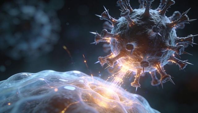 Virus spike attaching to cell membrane with glowing energy transfer, microscopic concept