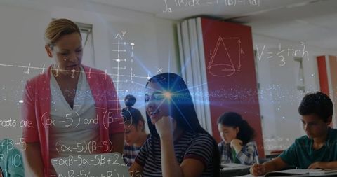 Teacher Guiding Student in Math Class with Digital Formulas Overlay