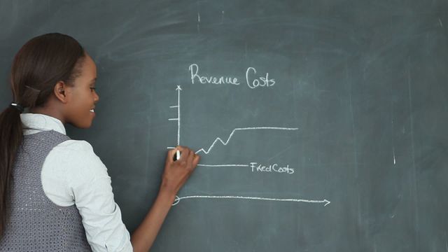 Female teacher stands in front of chalkboard drawing a graph labeled 'Revenue' and 'Fixed Costs'. This scene showcases educational and training environments, ideal for depicting academic instruction, economic lessons, and business presentations. Suitable for use in articles, websites, and materials related to teaching, education, and professional training.