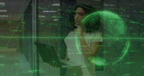 Businesswoman Exploring Futuristic Holographic Interface in Modern Lab