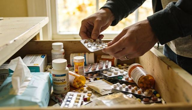 Hands sorting prescription medicines in cluttered drawer with pill bottles and blister packs