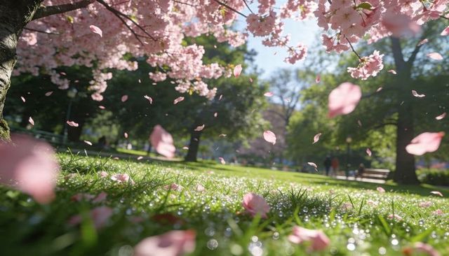 Pink cherry blossom petals drifting over dewy park lawn, sunlit spring scene