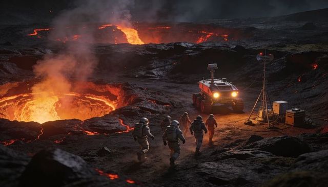 Scientists exploring lava field at night with rover and instruments near glowing crater