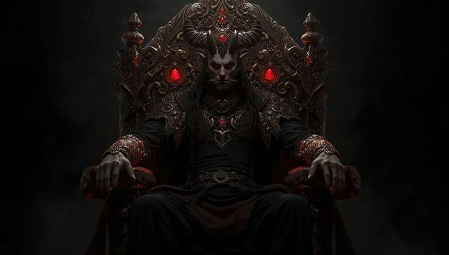 Horned Demonic King on Ornate Throne in Gothic Setting