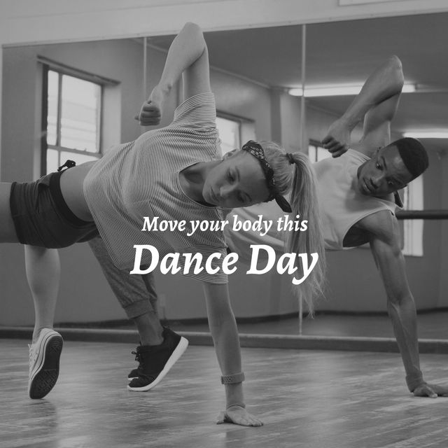 Composite of multiracial young man and woman dancing in studio and move your body this dance day. Text, national dance day, togetherness, dance, art, unesco, awareness and celebration concept.