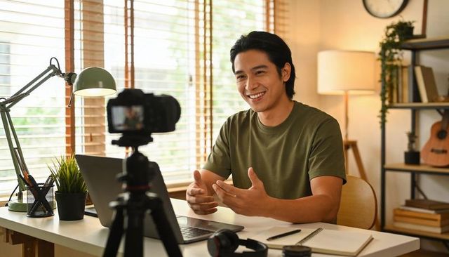 Asian content creator recording livestream in modern home office with laptop and camera