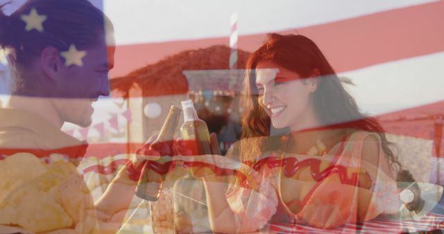 Friends toasting beer while celebrating with USA flag overlay at beach - Download Free Stock Images Pikwizard.com