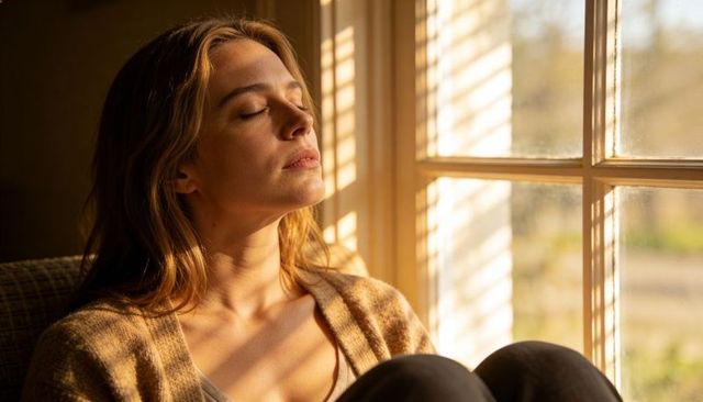 Young woman basking in golden sunlight by paned window with blinds casting cozy shadows