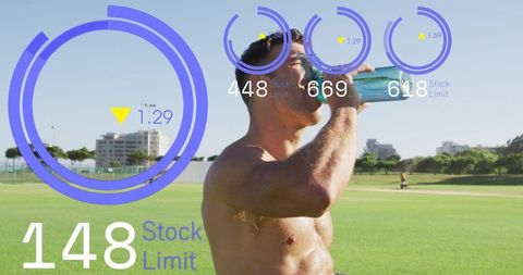 Shirtless athletic man drinking from turquoise bottle on sunny sport field with hud overlay