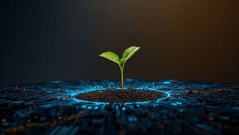 Green Seedling Sprouting from Circular Soil on Futuristic Glowing Circuit Board