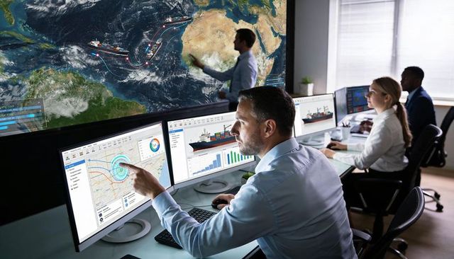 Maritime control room monitoring global vessel routes with interactive tracking displays