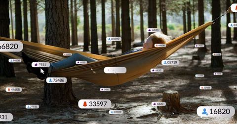 Woman Relaxing in Hammock Among Pine Trees with Digital Icons