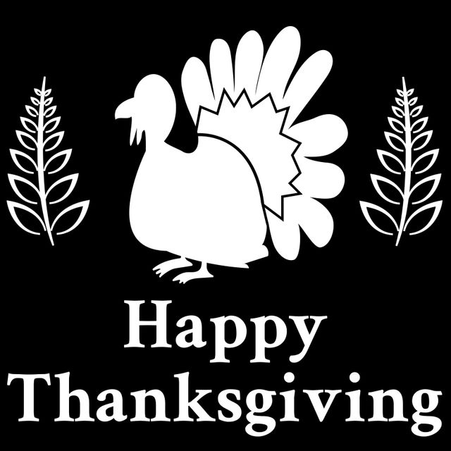 This design features a white silhouette of a turkey accompanied by wheat stalks on a black background, with 'Happy Thanksgiving' text below. Ideal for Thanksgiving event invitations, social media posts, festive email marketing, greeting cards, and holiday-themed advertisements. The layout provides a clean and striking visual suitable for a variety of Thanksgiving-related uses.
