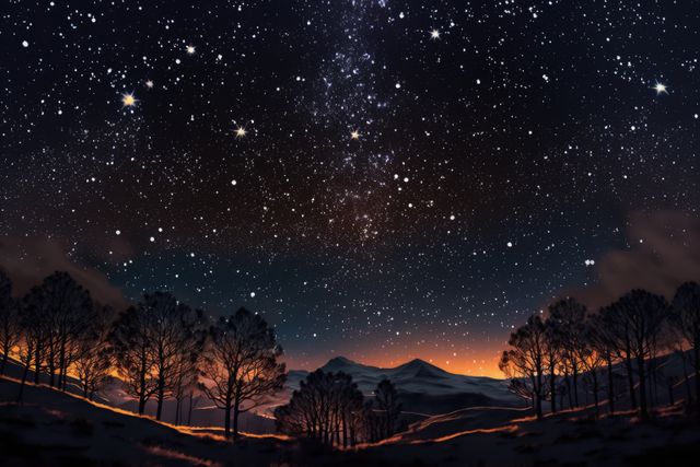 Starry skies over mountains landscape at night, created using generative ai technology. Astrology, space and galaxy concept digitally generated image.