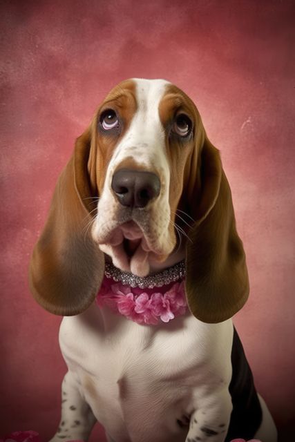 Brown and white basset hound puppy with floppy ears posing adorably while wearing a pink flower necklace against a pink background. This charming and cute pet portrait is ideal for use in advertising campaigns, greeting cards, pet care articles, and social media content highlighting adorable pets and their fashionable accessories.