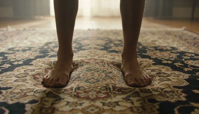 Bare feet standing on ornate persian rug with sunlit curtains and warm glow