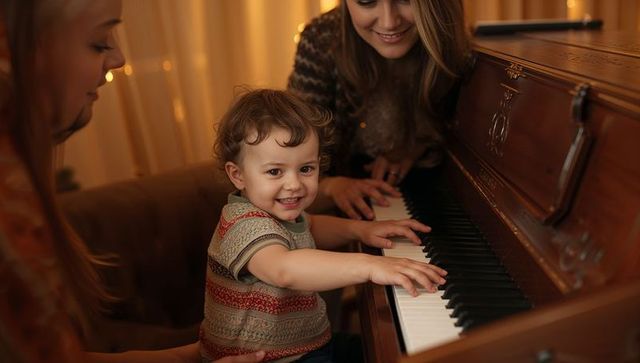Cheerful toddler playing piano surrounded by family warmth