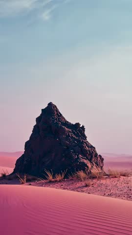 Vertical tilt revealing monolith on pastel pink dunes with rippled sand patterns