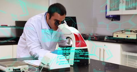 Scientist Analyzing Data on Microscope with Digital Interface Overlay - Download Free Stock Images Pikwizard.com