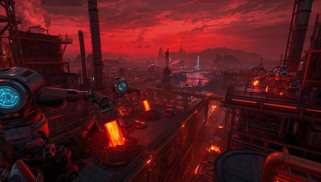Futuristic foundry pouring molten metal at twilight