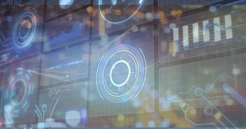 Futuristic data dashboard with circular hud, animated charts and network visualization