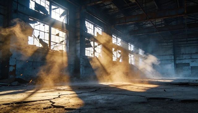 Sunbeams piercing derelict warehouse, dust rising over cracked floor and broken windows