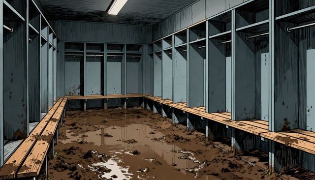 Flooded locker room depicting muddy floor and waterlogged benches under fluorescent light