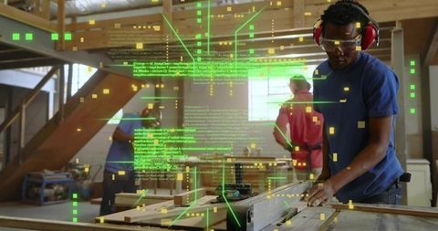 Carpenter using table saw with augmented reality overlay for precision woodworking