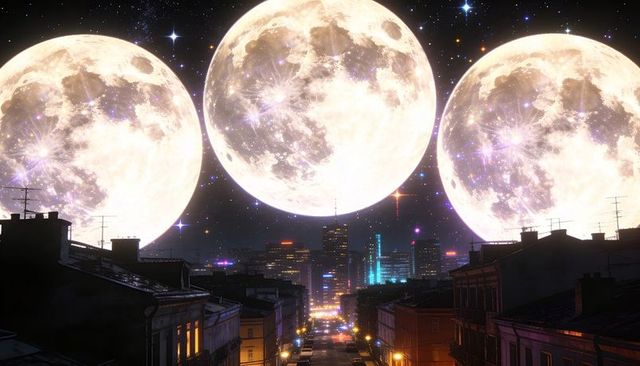 Three full moons hovering over neon urban nightscape with starfield, rooftop antennas, city lights