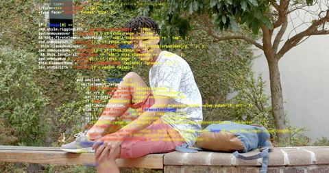 Teenager tying shoelaces on brick bench in garden with backpack and book, coding overlay