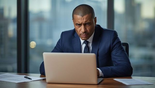Focused Professional in Formal Attire Working on Laptop in Modern Office