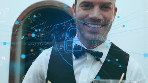 Smiling Caucasian Waiter with Conceptual Security Overlay