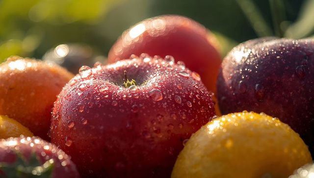 Glistening Sunlit Red Apple Macro with Dew Drops and Citrus Accents