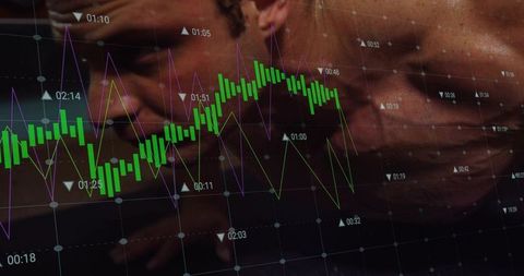 Focused man analyzing green candlestick chart overlaid with purple and yellow line graphs