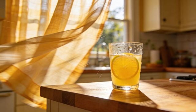 Sunlit lemon beverage on wooden countertop with condensation and flowing curtain breeze
