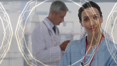 Smiling Nurse with Background of Medical Professionals and Digital Tech Concept