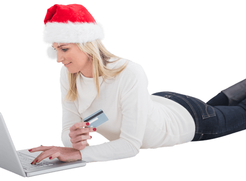Woman in Santa Hat Shopping Online with Credit Card on Transparent Background