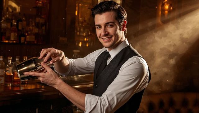 Bartender Mixing Drinks in Elegantly Lit Cocktail Bar