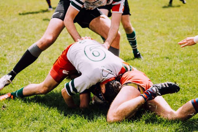 This stock photo captures amateur rugby players in the midst of a high-intensity tackle on a grassy field. Ideal for use in articles and websites focusing on rugby, teamwork, or physical sports. Great for illustrating competitive spirit, sportsmanship, and outdoor physical activities.