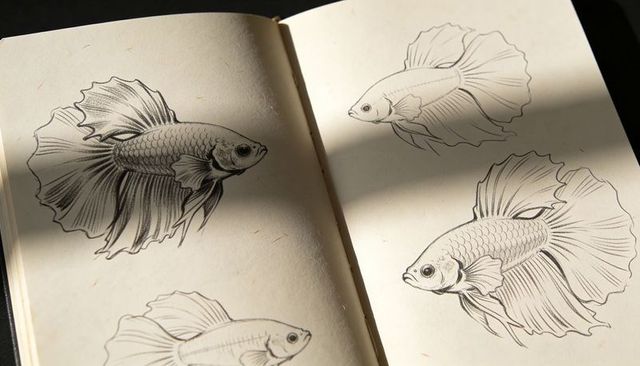 Betta fish sketchbook spread showing detailed graphite and ink linework under sunlight