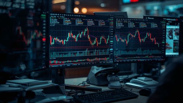 Modern trading desk with multiple monitor setup in financial office