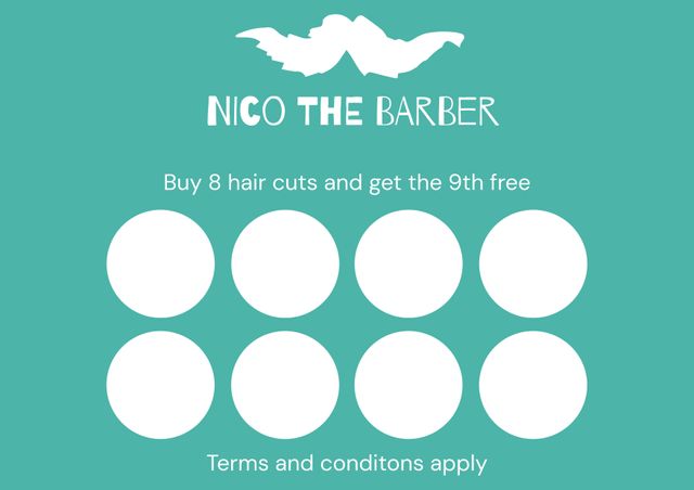Designed for barbershops to attract repeat customers, this loyalty card template offers a promotional deal of receiving the 9th haircut for free after purchasing 8 haircuts. Business branding is set against a blue background, with blank circles designated for stamps. Ideal for barbers aiming to build customer loyalty and repeat business.