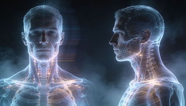 Holographic male anatomy double portrait showing skeletal, spinal and neural pathways