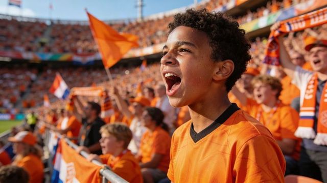 Teenage fan shouting and cheering in orange jersey at packed stadium with waving flags