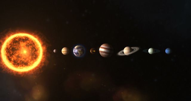 Illustration showing all planets in the solar system aligned in space with the sun. Ideal for educational materials on astronomy, science projects, classroom posters, or space-related articles and publications. Great for teaching about the order of planets, understanding the solar system structure, or inspiring fascination with the cosmos.