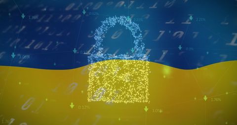 Digital Security Symbols Overlaying Ukrainian Flag