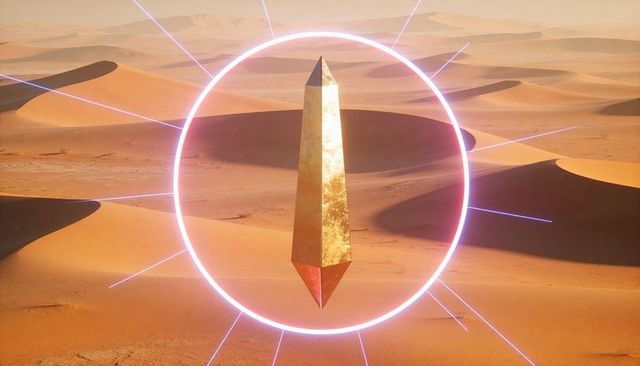 Levitating golden obelisk hovering above desert dunes with neon halo and radiant rays