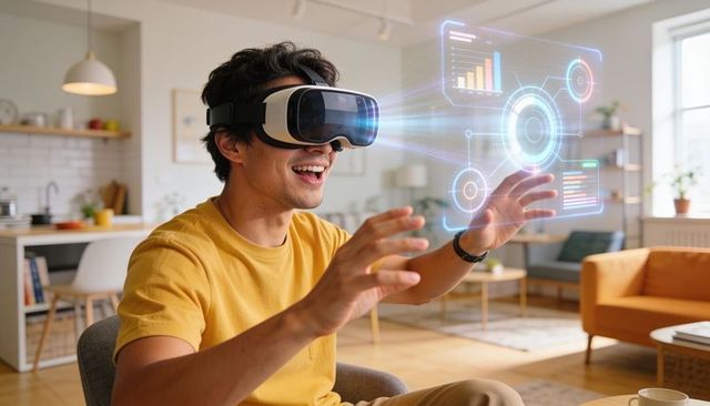 Young man wearing vr headset interacting with holographic data in modern living room